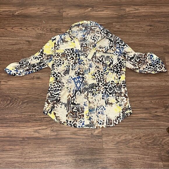 Bebe Serpentine Deep V Button Down Blouse Cream Yellow Blue Brown Size XS - Picture 8 of 16